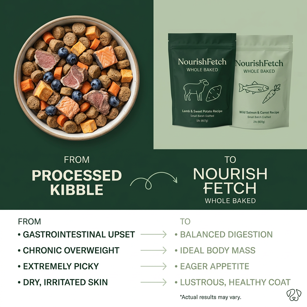 Bowl of baked dog food with lamb, salmon and blueberries beside two NourishFetch pouches, above a from-to benefits list