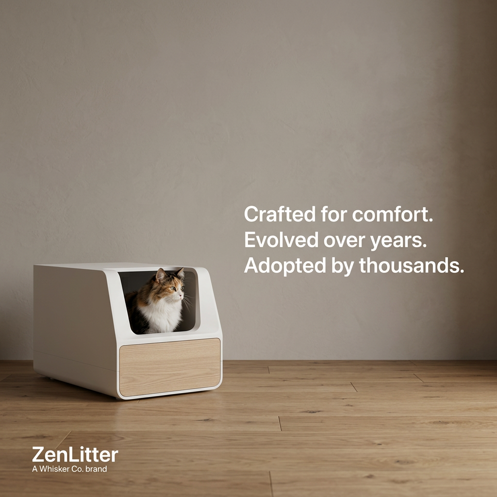 Calico cat peeking out of a white litter box with an oak drawer in an empty room with taupe walls and wood floor
