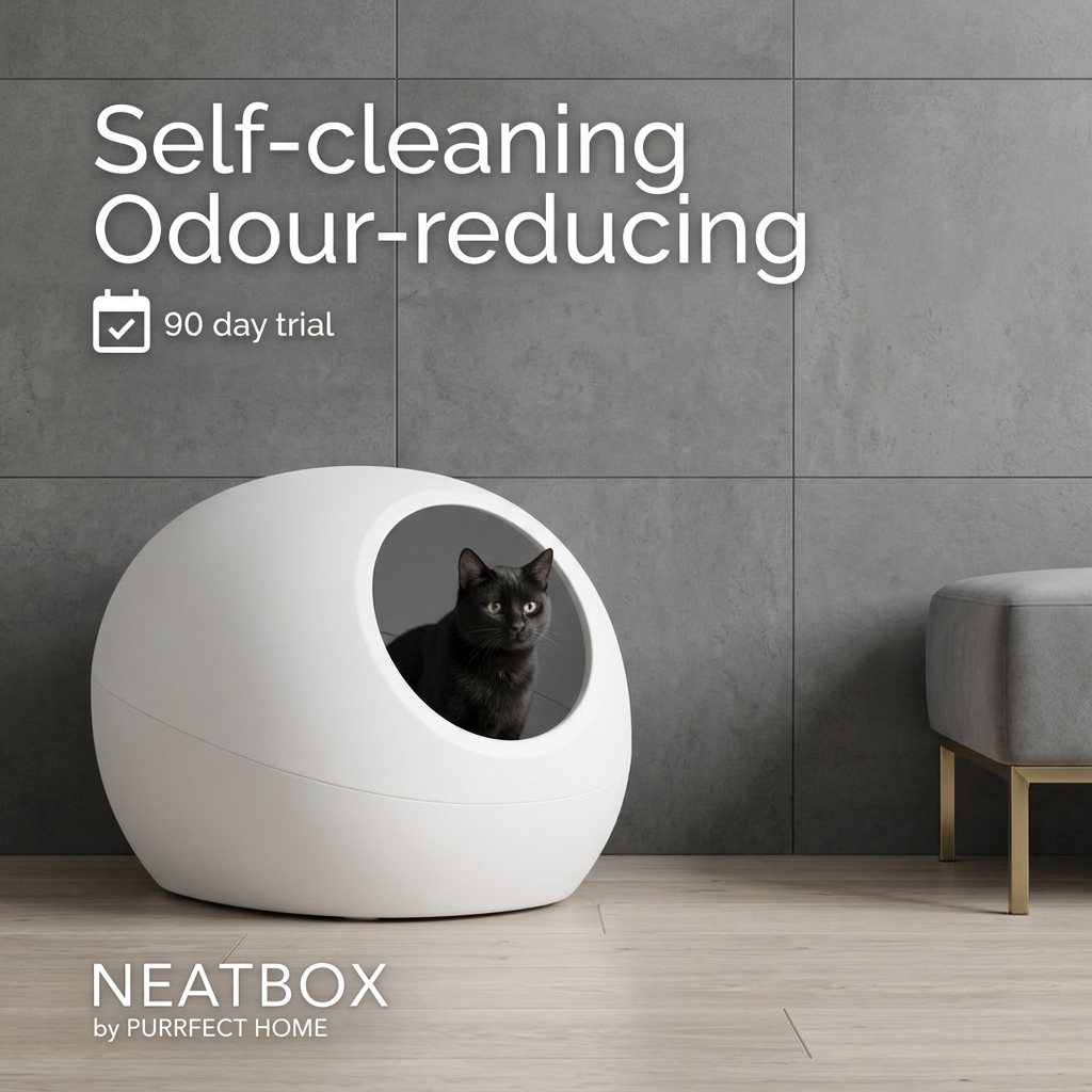 Black cat sitting inside a white round self-cleaning litter box against large grey tiles, next to a grey velvet ottoman