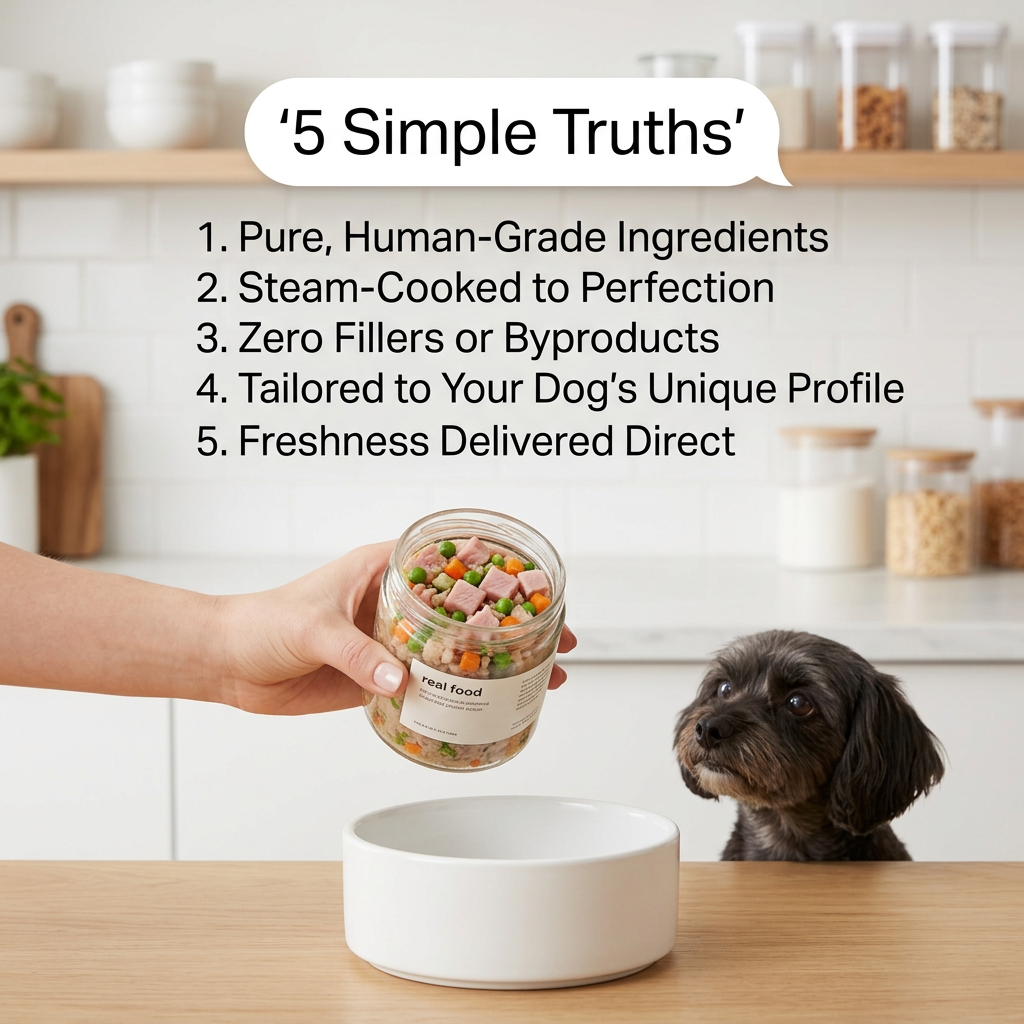 Hand tipping a jar of fresh dog food towards an empty white bowl as a small black dog watches, under a five-point list