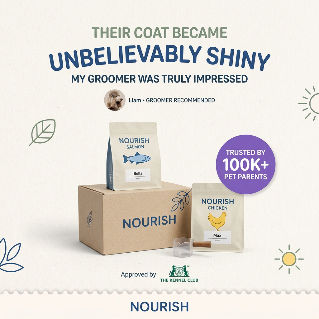 Nourish salmon bag labelled Bella on a delivery box and chicken bag labelled Max, under a shiny coat quote and 100K+ badge