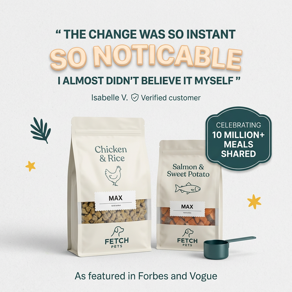 Two Fetch Pets bags labelled Max with chicken and salmon recipes, a green scoop, a 10 million meals badge and a review quote