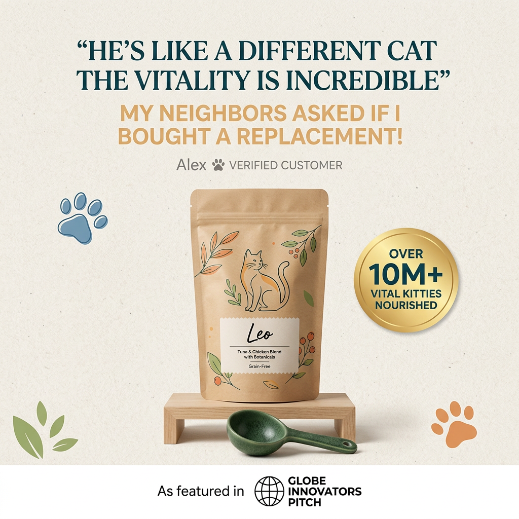 Kraft cat food pouch labelled Leo on a wooden stand with green scoop, under a customer quote and a gold 10M+ seal