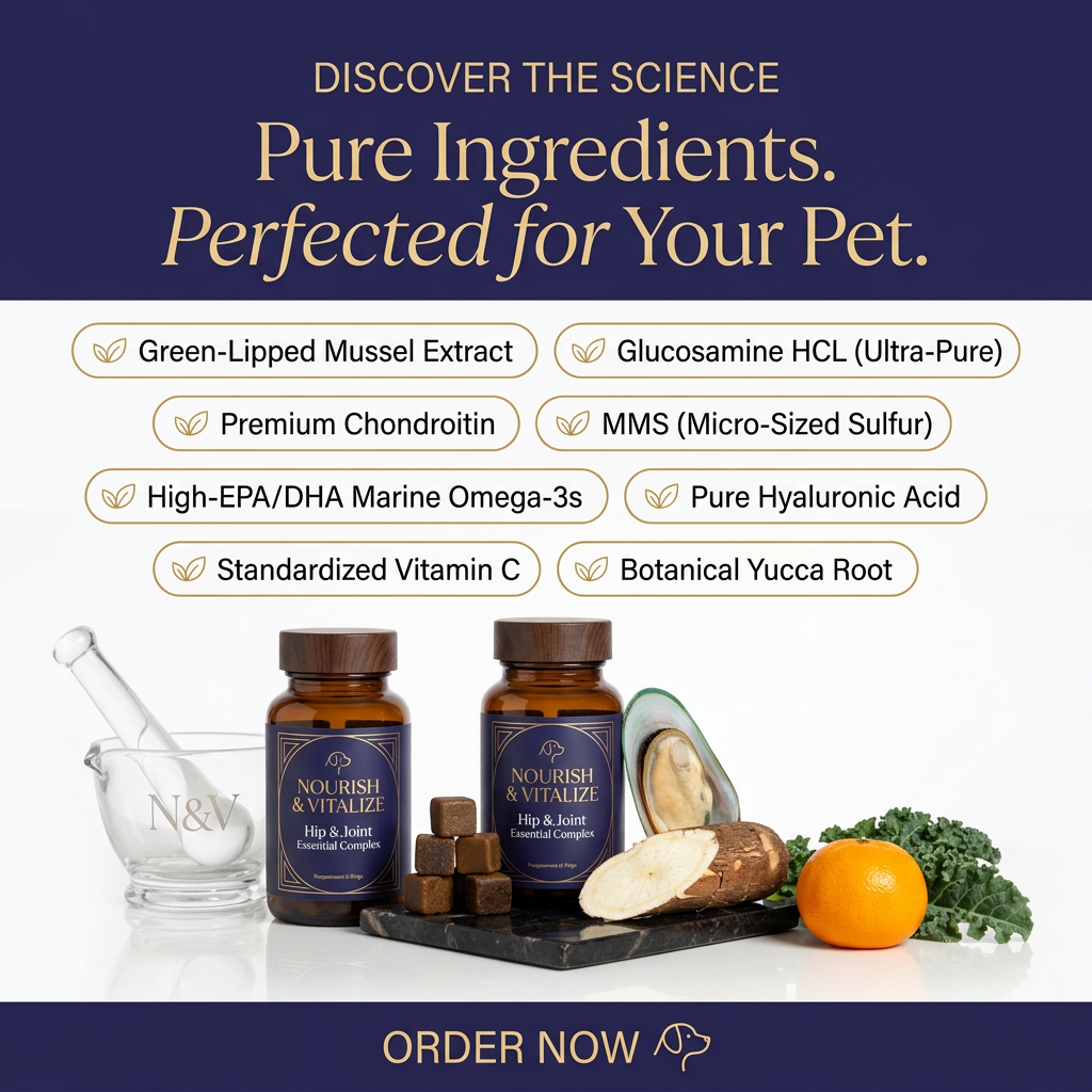 Two amber Nourish & Vitalize hip and joint jars with soft chews, mussel, yucca, orange and kale under eight ingredient pills