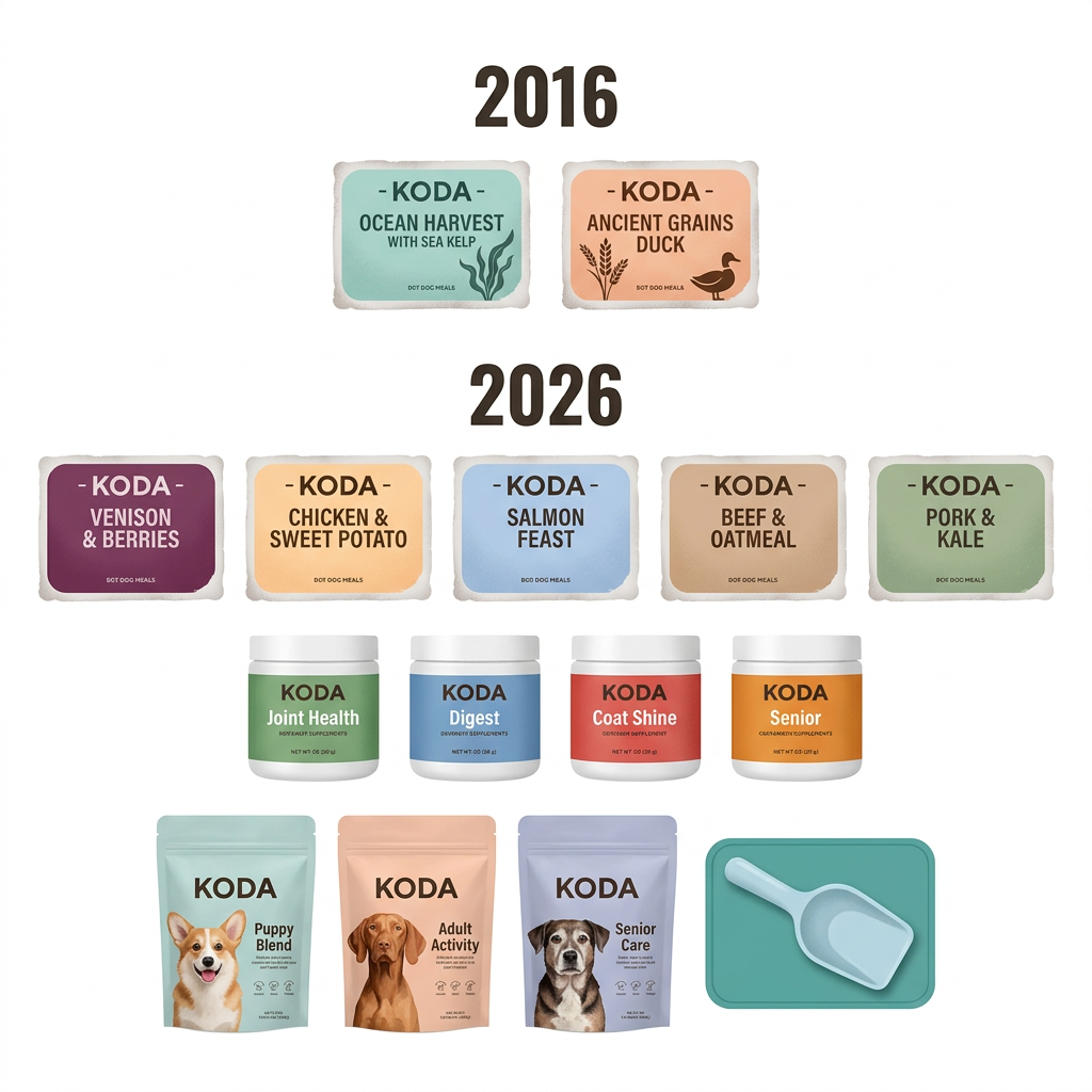 KODA products: two meal trays under 2016, then five meals, four supplement tubs, three life-stage bags and a scoop under 2026