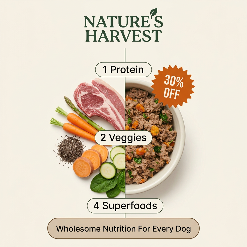 Raw lamb, carrots, sweet potato, courgette, spinach and chia beside a bowl of cooked dog food, with 1-2-4 labels and 30% off