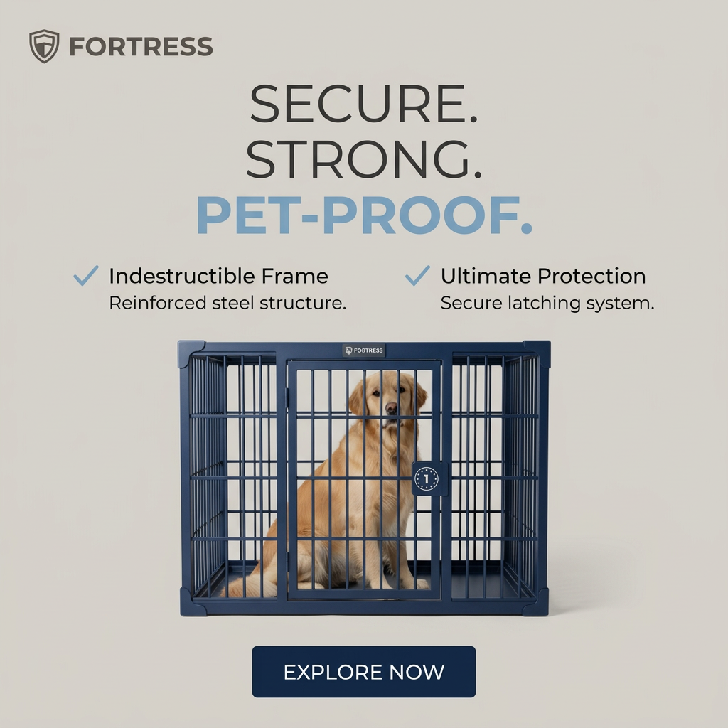 Golden retriever sitting inside a navy steel Fortress dog crate on light grey, under the headline Secure Strong Pet-Proof