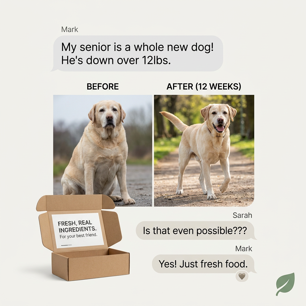 Text chat with before and after photos of a senior Labrador, overweight then slimmer after 12 weeks, beside a fresh food box