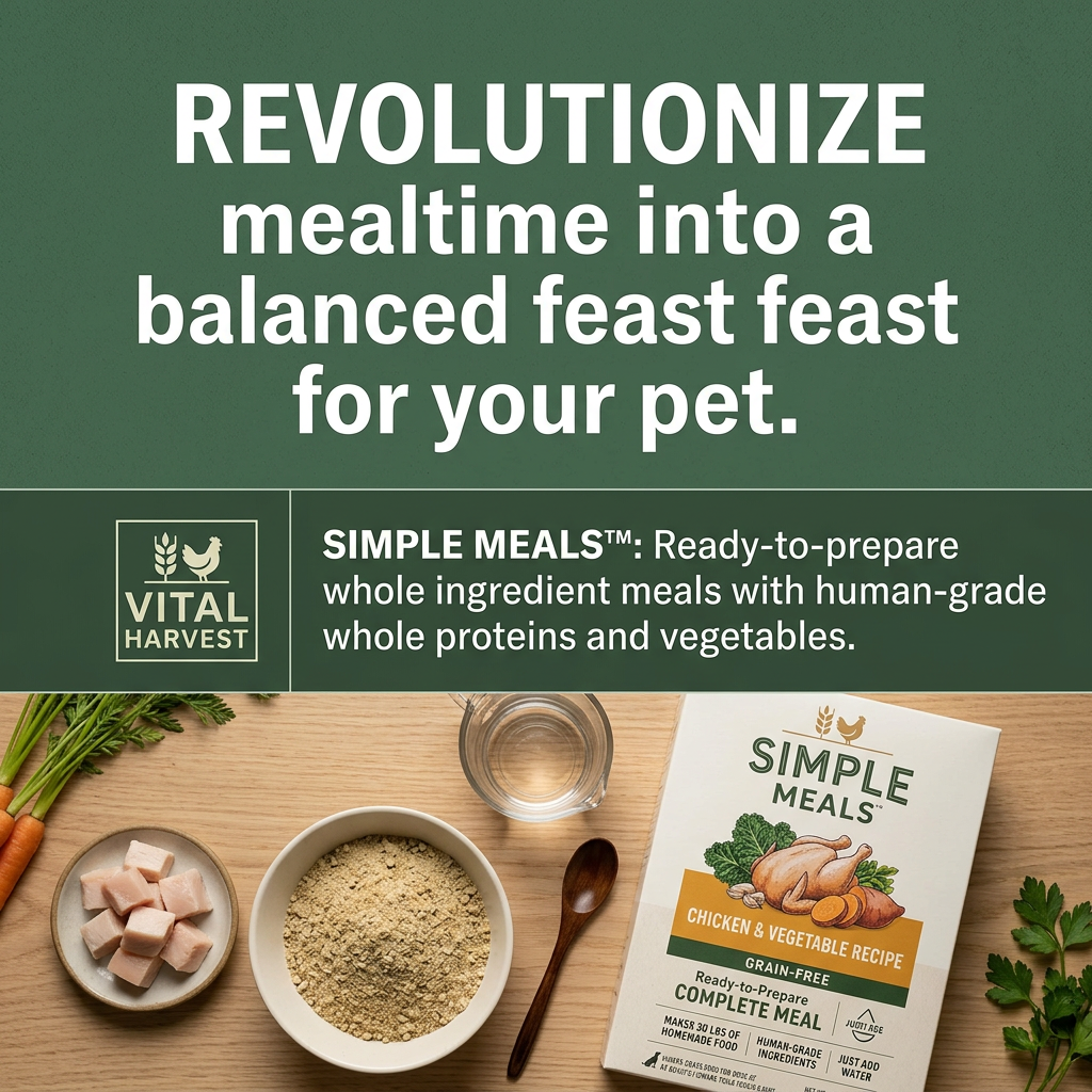 Flat lay of raw chicken, base mix, water jug, spoon and a Vital Harvest Simple Meals box under a green headline band