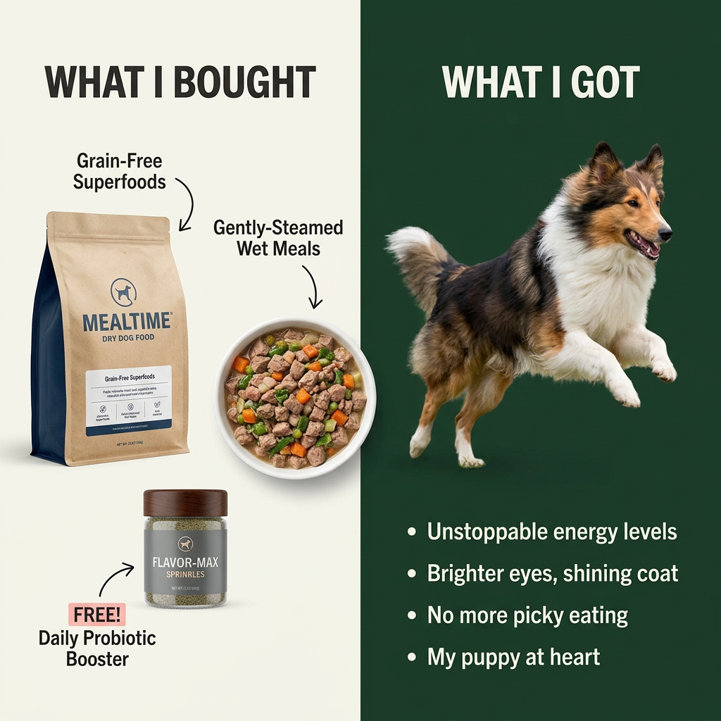Split ad: Mealtime dry food bag, wet food bowl and free booster jar on cream, leaping collie with four outcomes on green
