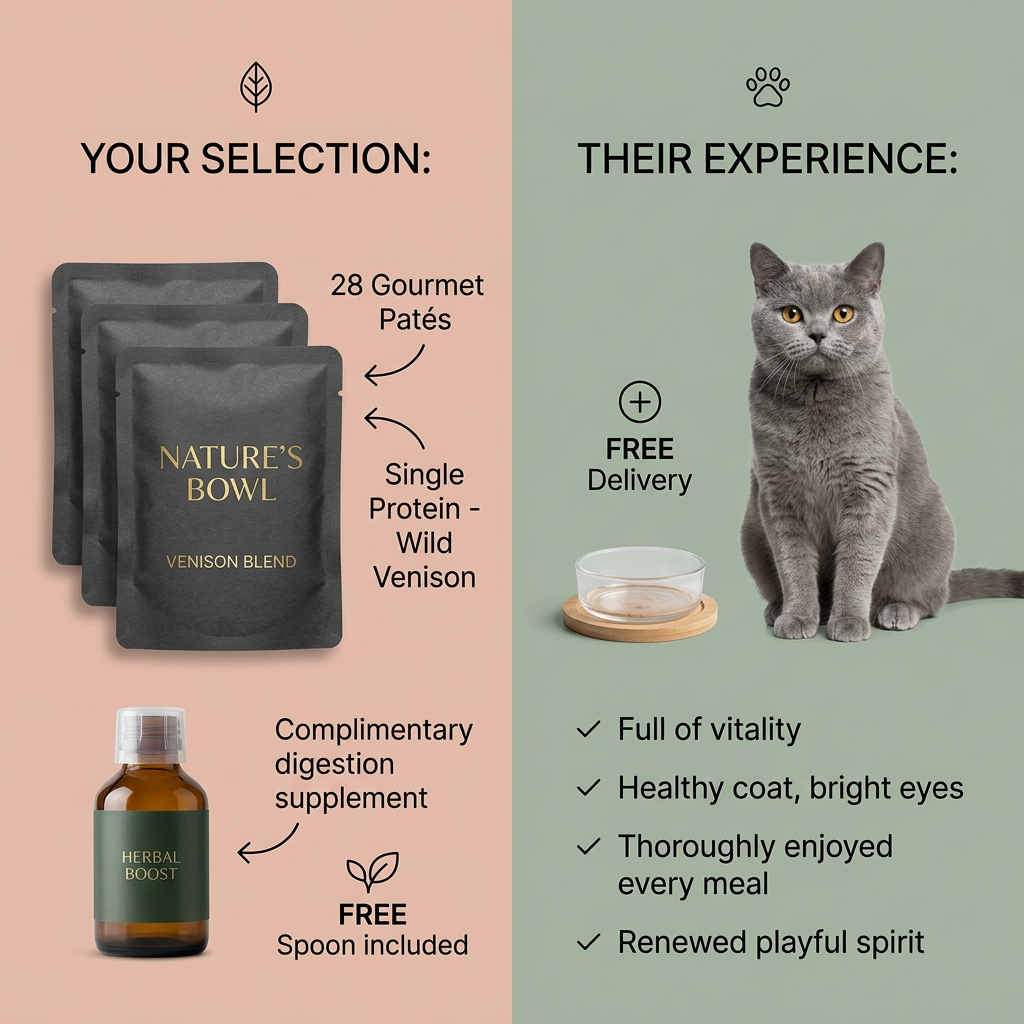 Split ad: black Nature's Bowl venison pouches and herbal supplement on pink, British Shorthair with empty bowl on sage