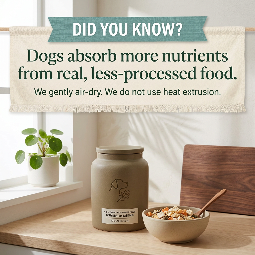 Fabric banner reading Did You Know above a ceramic jar and bowl of air-dried dog food on a sunny kitchen counter