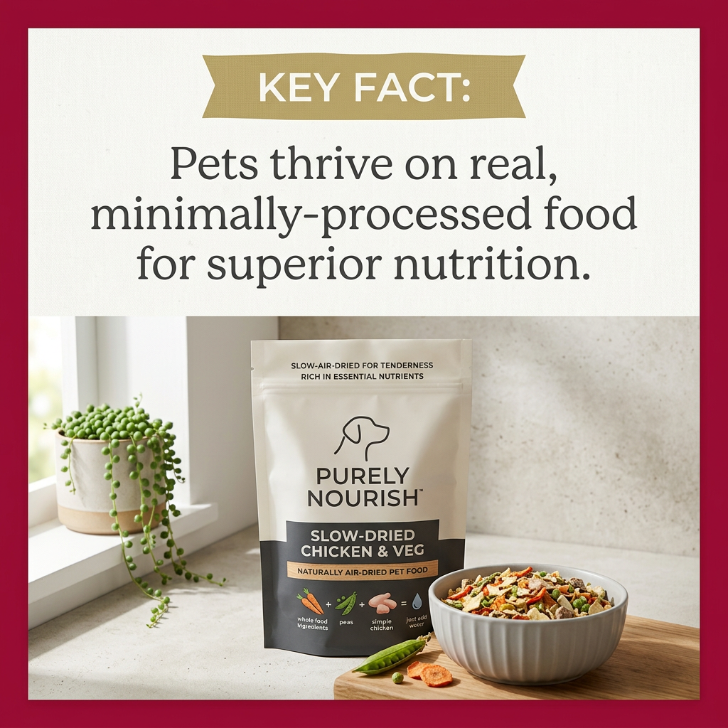 Purely Nourish slow-dried chicken and veg pouch beside a bowl of dried food, under a key fact panel inside a deep red border