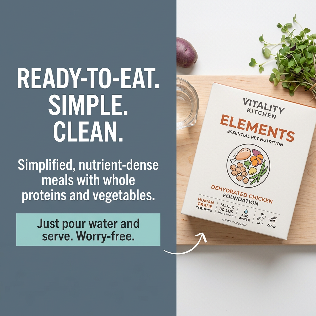 Vitality Kitchen Elements dehydrated chicken box on a wooden board with water and microgreens beside a slate blue text panel