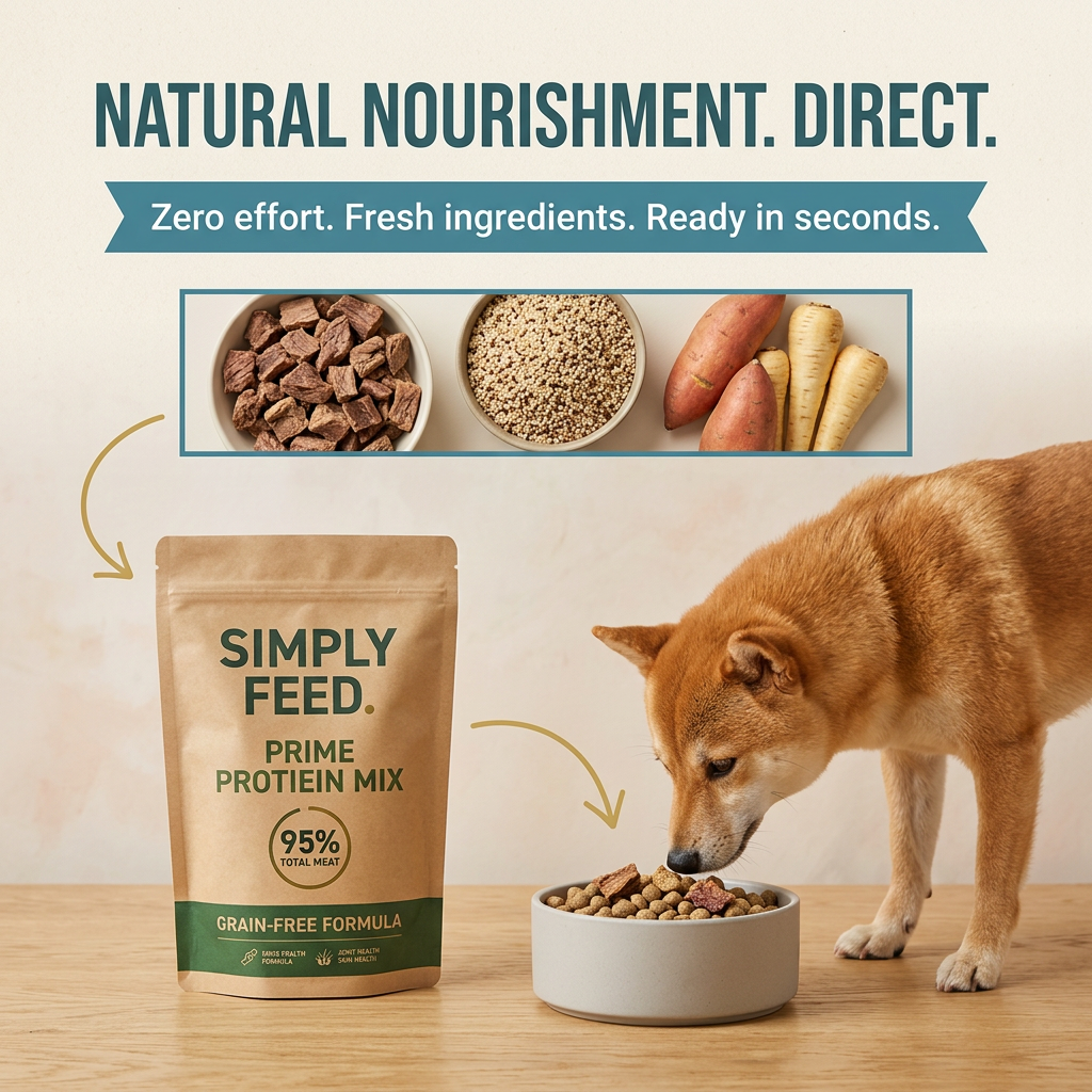 Ingredient strip of meat, quinoa, sweet potato and parsnip with arrows to a Simply Feed pouch and a Shiba Inu eating