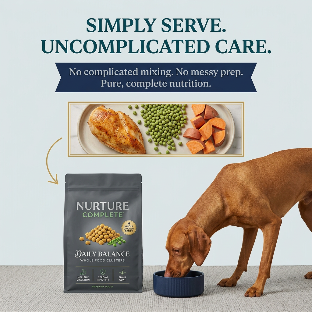 Plate of roast chicken, peas and sweet potato with an arrow to a charcoal Nurture Complete bag beside a vizsla eating