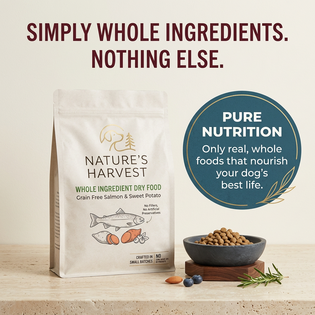 Nature's Harvest salmon and sweet potato dry food bag beside a stone bowl of kibble and a teal Pure Nutrition badge