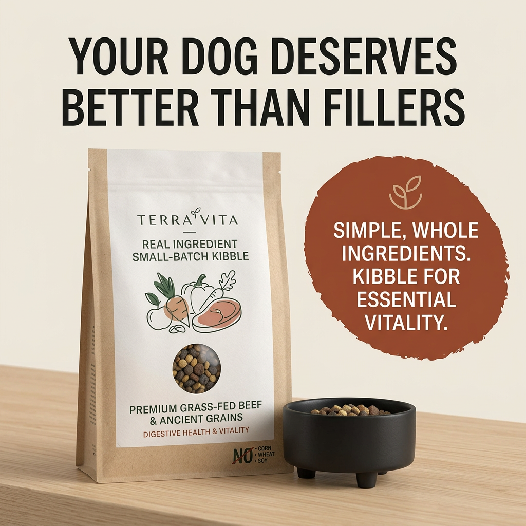 Kraft Terra Vita small-batch kibble bag beside a black bowl of kibble, under a no-fillers headline and rust badge