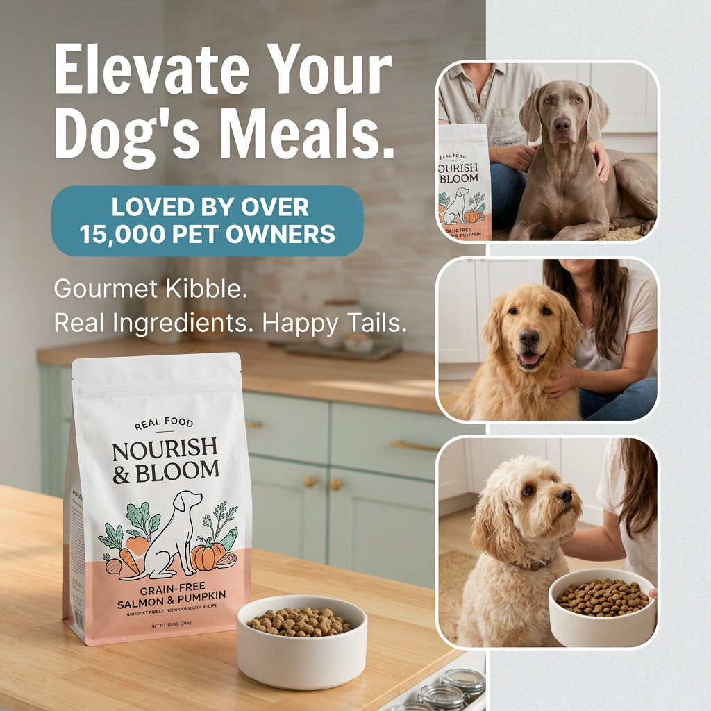 Nourish & Bloom salmon kibble bag and bowl on a kitchen counter beside three photos of owners with their dogs