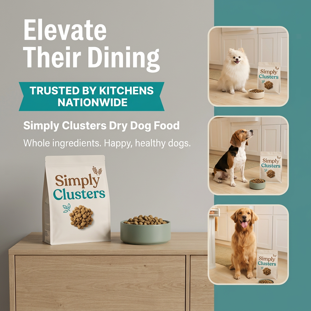 Simply Clusters dog food bag and green bowl on a sideboard beside photos of a Pomeranian, beagle and golden retriever