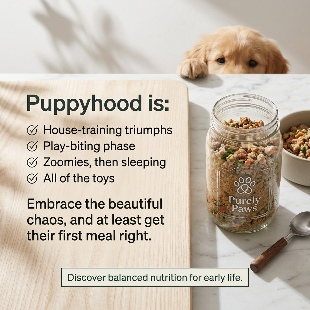Golden puppy peeking over a marble counter at a glass jar of Purely Paws fresh food, beside a ticked list of puppy moments