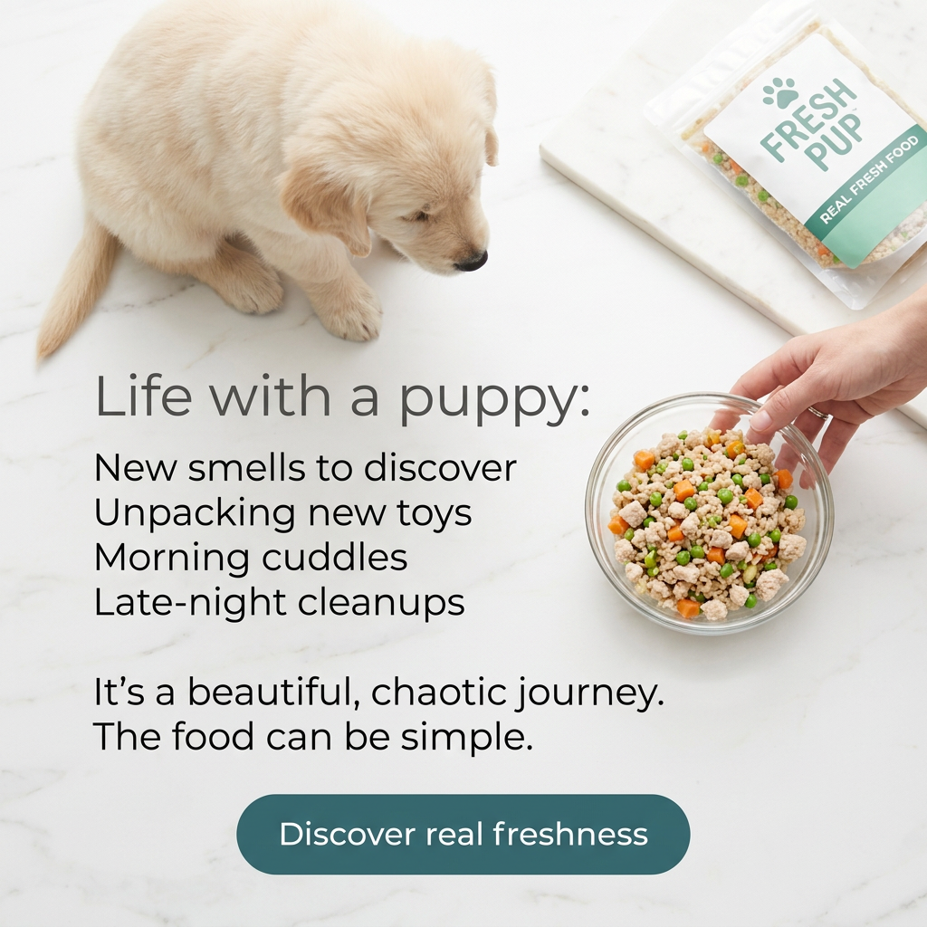 Cream puppy sniffing toward a glass bowl of fresh food placed on white marble, beside a Fresh Pup pouch and list text