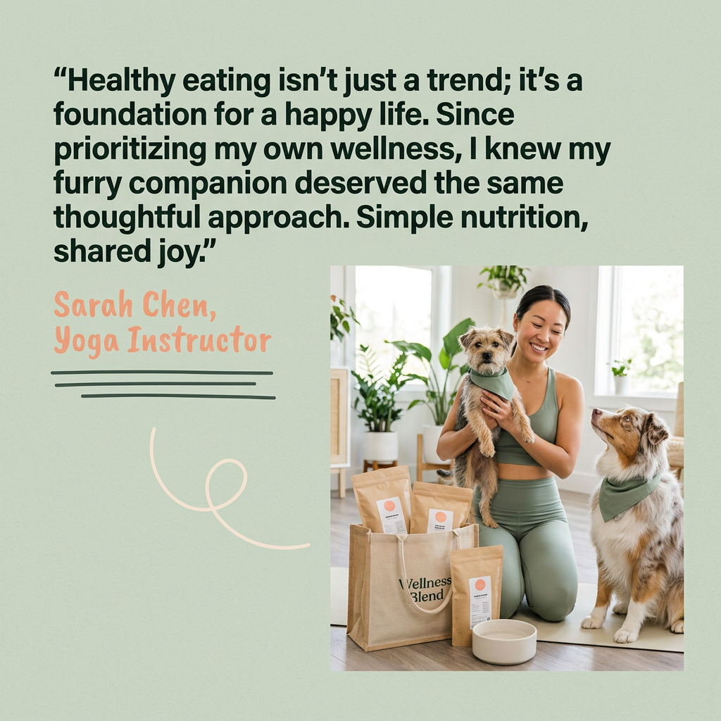 Yoga instructor in sage activewear holding a terrier beside an Australian shepherd and a Wellness Blend tote of food bags
