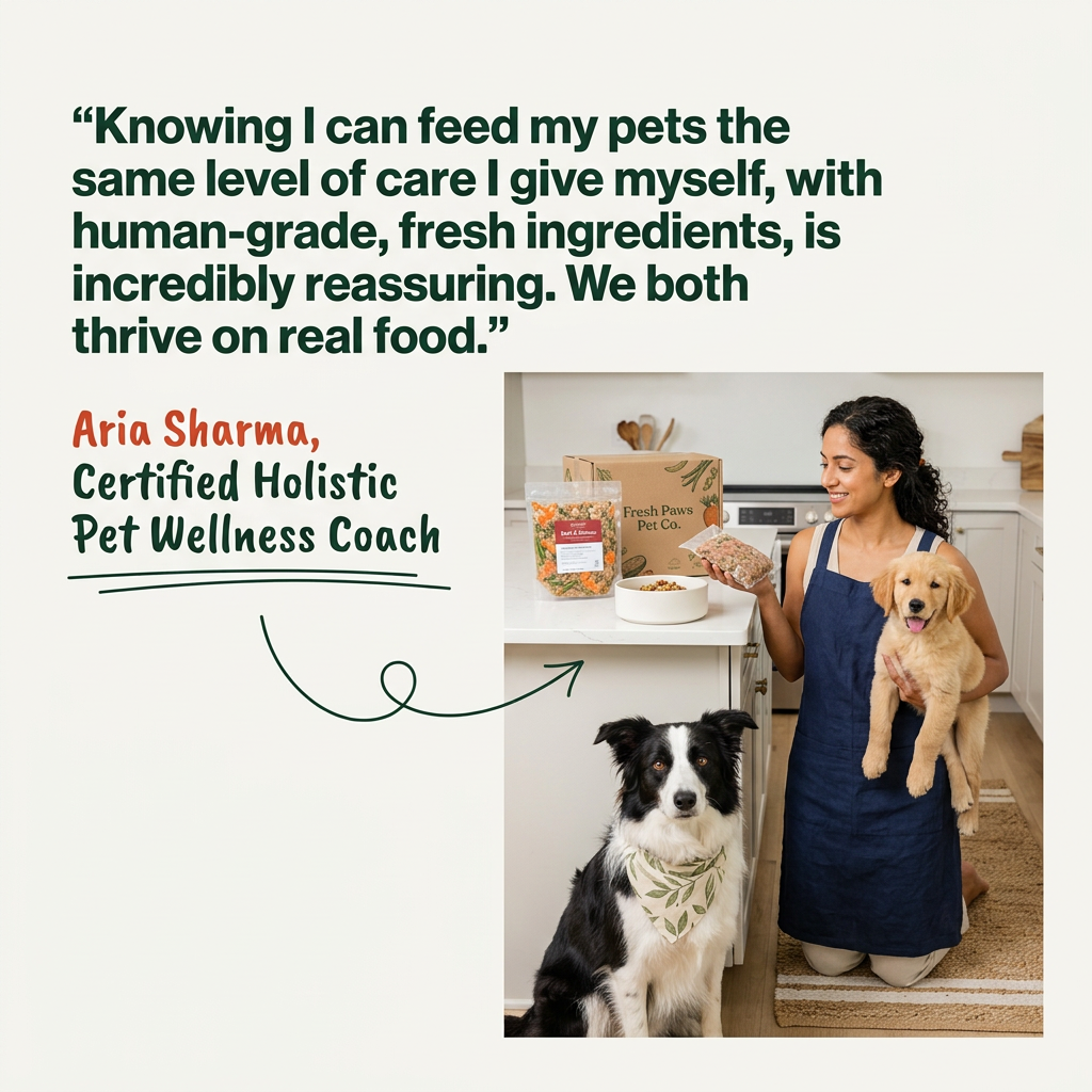 Woman in an apron holding a golden puppy in a kitchen with a border collie, a Fresh Paws box and fresh food packs
