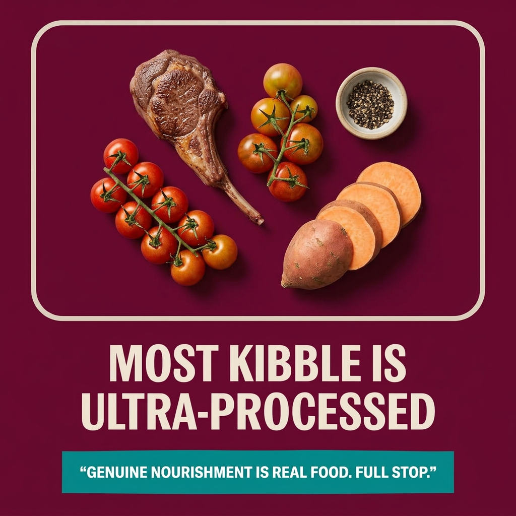 Lamb chop, cherry tomatoes on the vine, sweet potato and peppercorns on burgundy above a kibble is ultra-processed headline