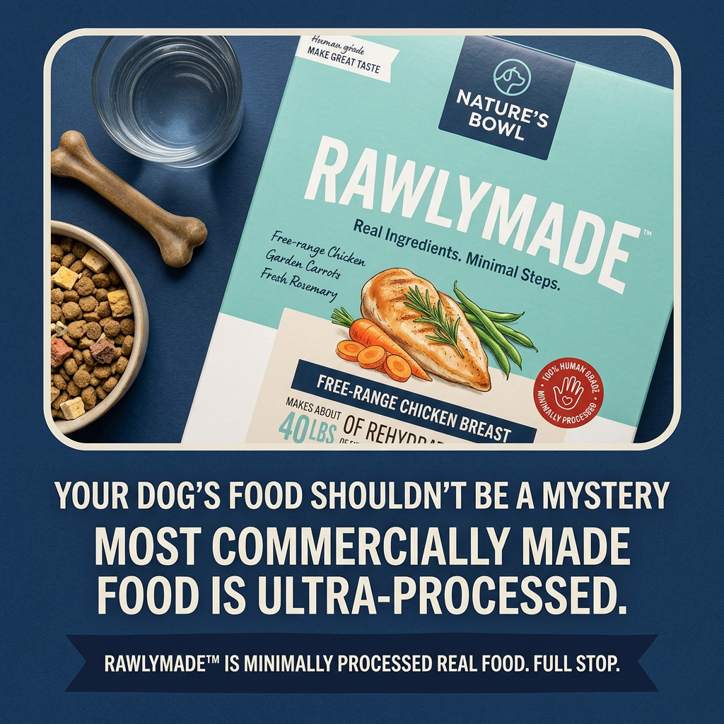 Nature's Bowl Rawlymade chicken box on navy beside a glass of water, chew bone and bowl of food, with an ultra-processed hook