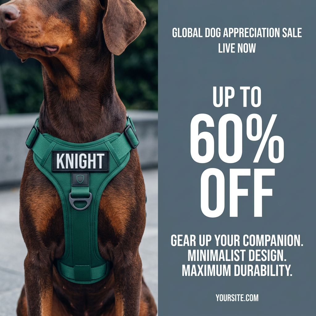Doberman wearing a green padded harness with a KNIGHT name patch beside a slate panel reading up to 60% off