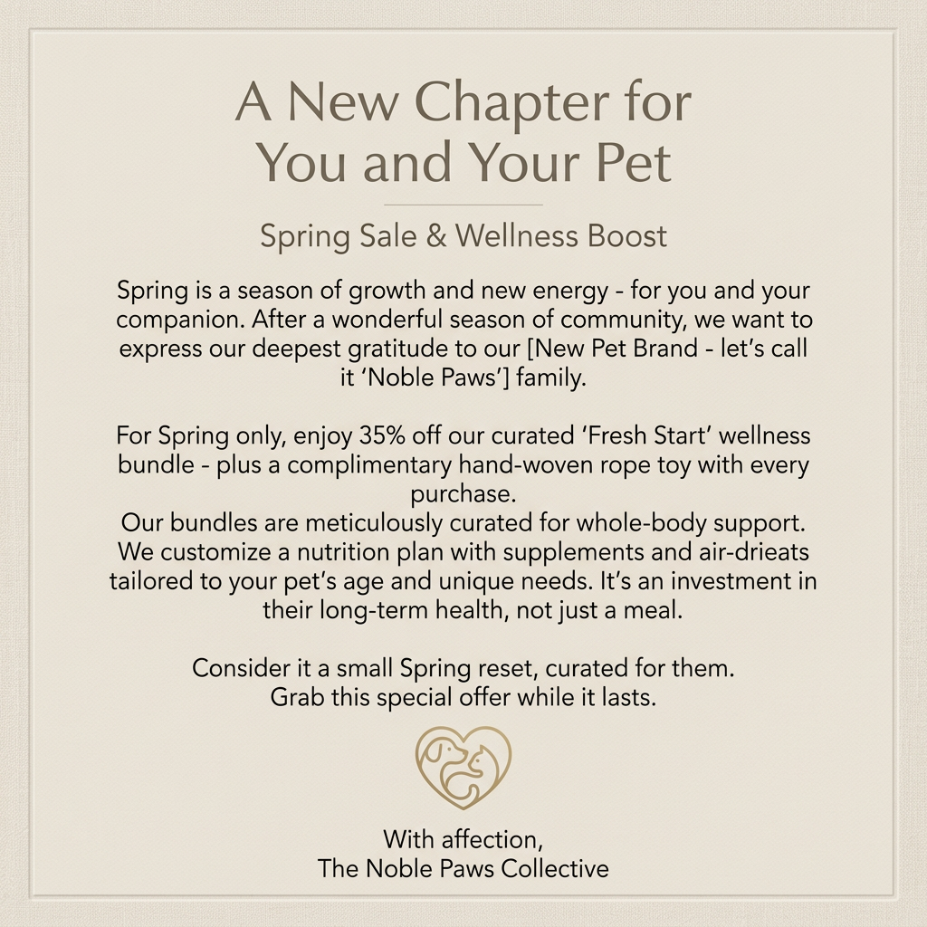 Letter-style ad on linen paper announcing a spring sale with 35% off a pet wellness bundle and a heart logo sign-off