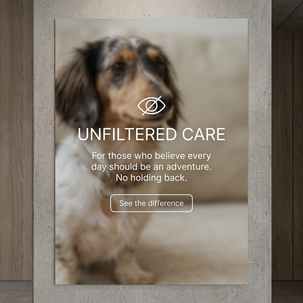 Poster on a concrete wall with a blurred photo of a long-haired dachshund, an eye icon and the words Unfiltered Care