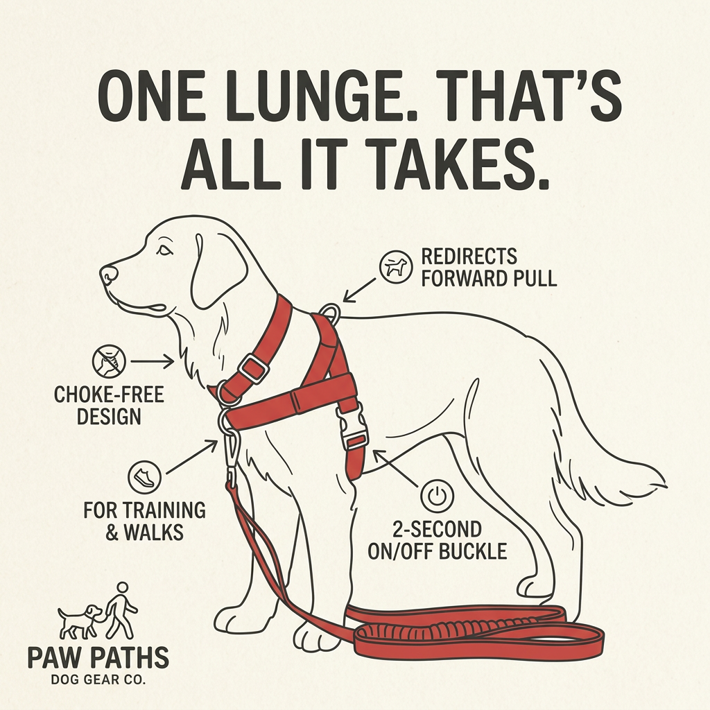Line drawing of a dog wearing a red harness and leash with four icon callouts and the headline One Lunge That's All It Takes