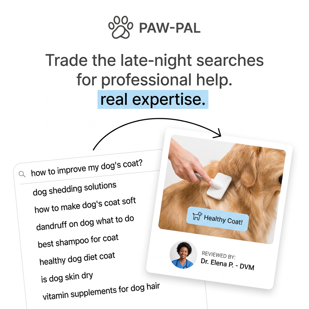Search bar with dog coat questions and an arrow to a card of a golden coat being brushed, reviewed by a vet