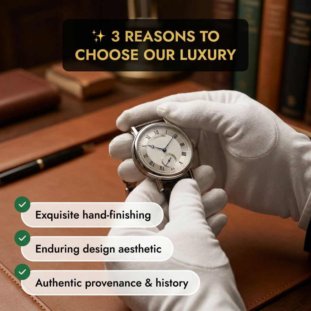 White-gloved hands holding a silver dress watch on a leather desk with three green checkmark benefit callouts