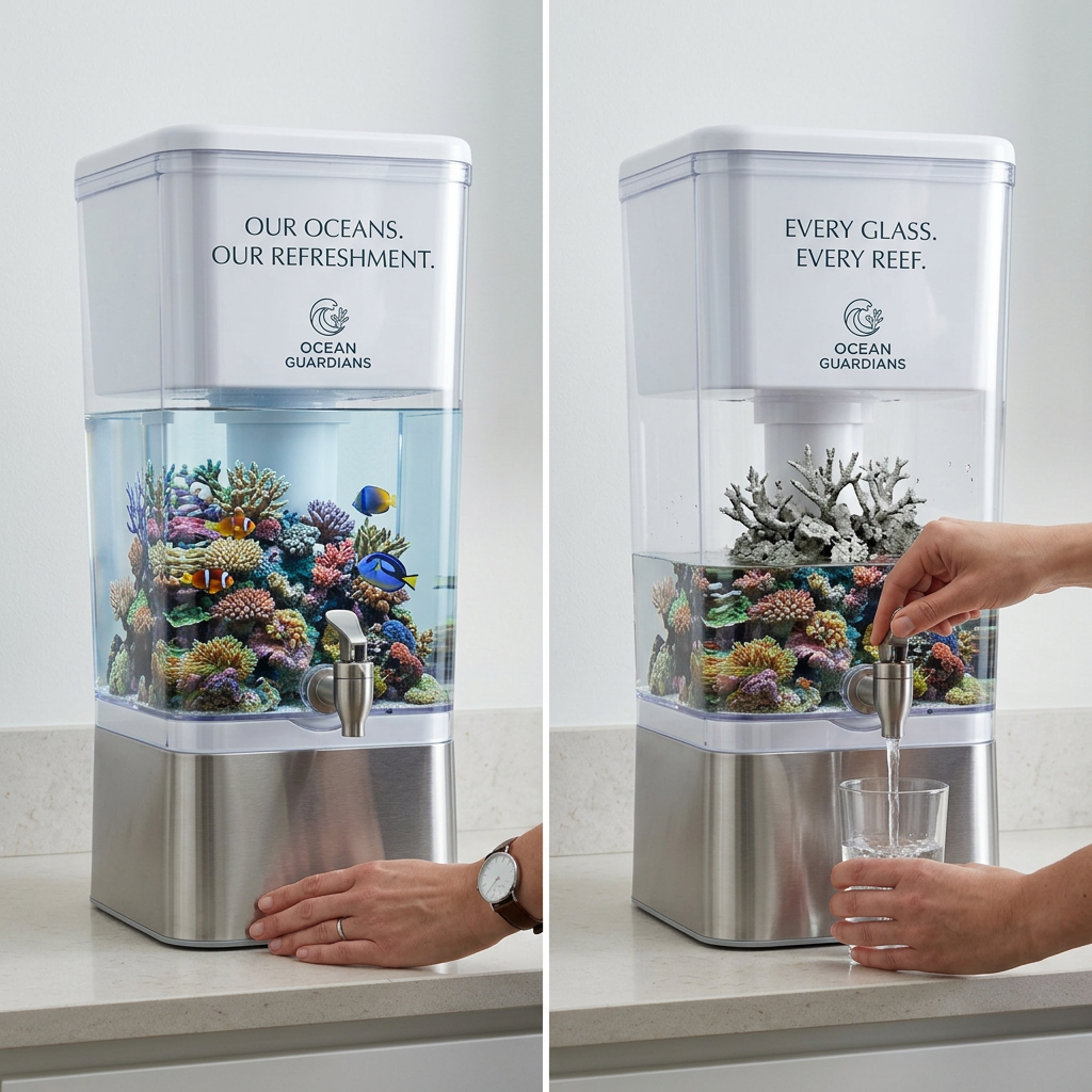 Split image of a water dispenser with a colourful coral reef inside, then bleached coral after a glass of water is poured
