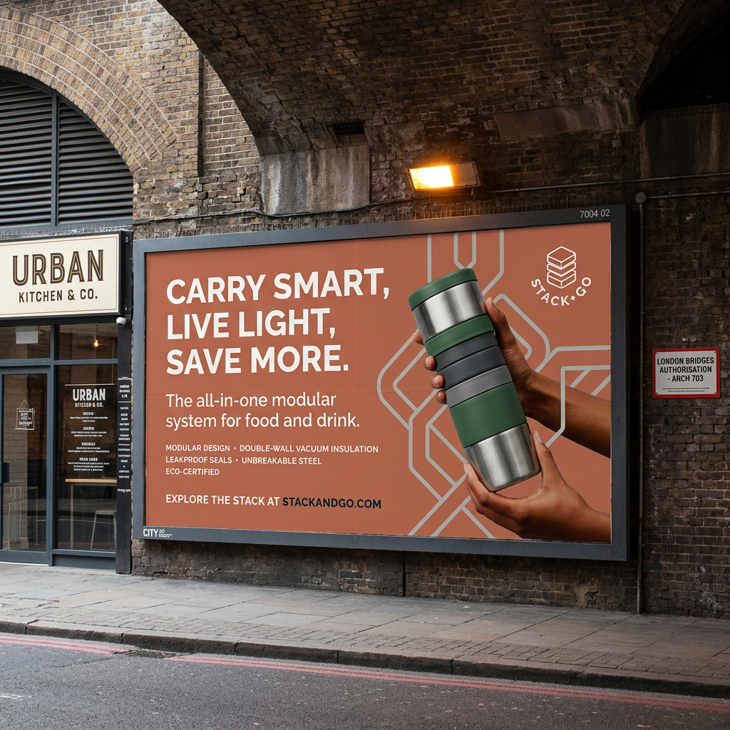 Terracotta billboard under a brick arch showing hands holding a green and steel modular food container stack