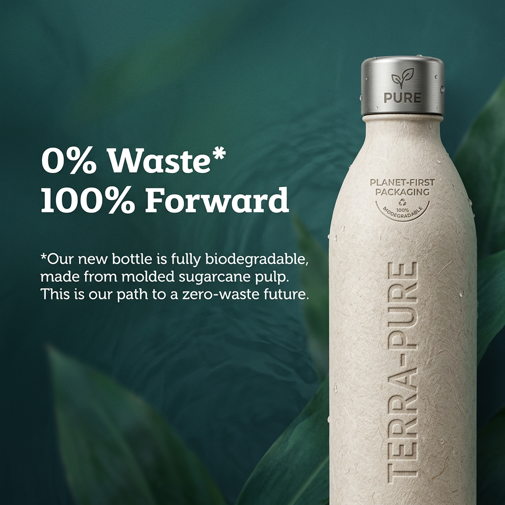 Textured beige sugarcane pulp bottle with embossed Terra-Pure logo and steel cap on a dark green leafy background