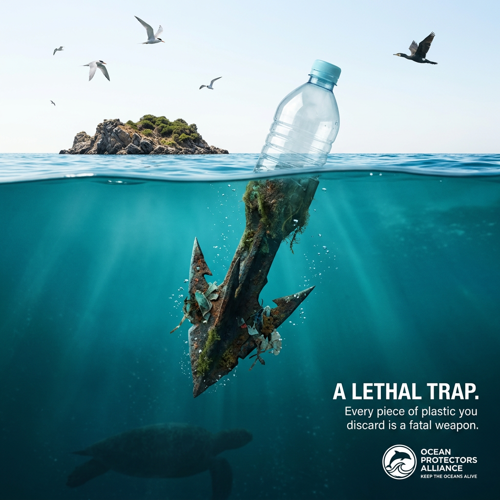 Plastic bottle floating in the sea, its underwater part a jagged debris-covered harpoon shape, with a turtle and seabirds