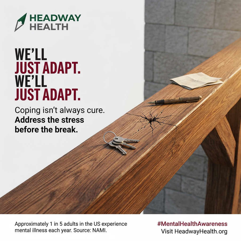 Wooden beam with a spreading crack holding keys, a pen and a note, beside the headline We'll just adapt
