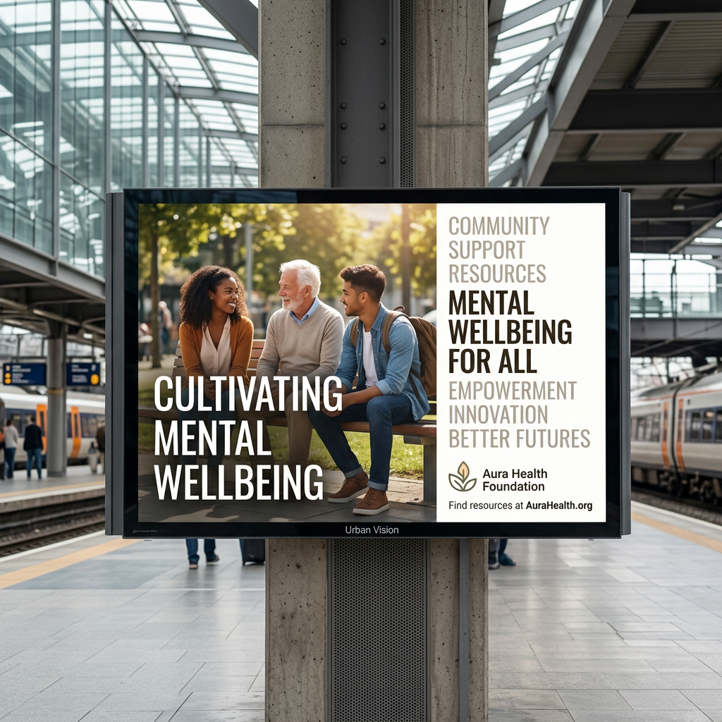 Digital billboard at a train station showing three people of different ages chatting on a park bench, mental wellbeing ad