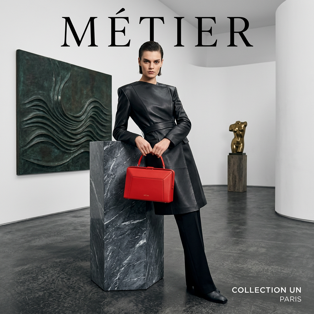 Model in black leather coat leaning on a marble plinth holding a red box handbag in a white minimalist art gallery