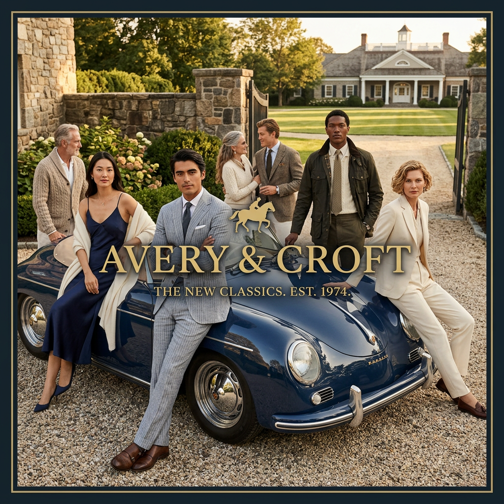 Seven well-dressed models of different ages posing around a vintage navy sports car in front of a country estate