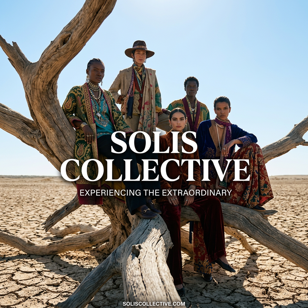 Five diverse models in embroidered jackets, velvet and scarves posing on a dead tree in a cracked desert