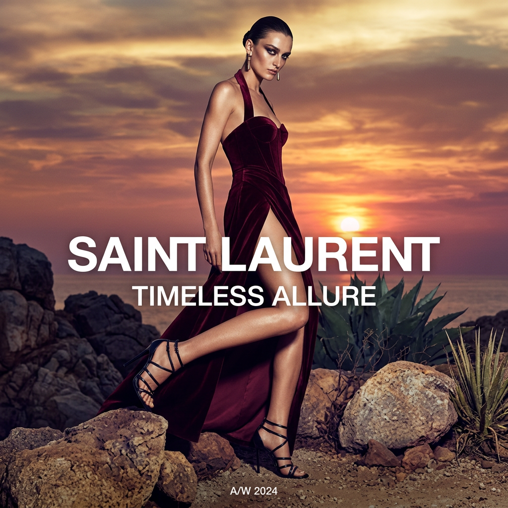 Model in a burgundy velvet halter gown with a high slit and black strappy heels posing on rocks at sunset
