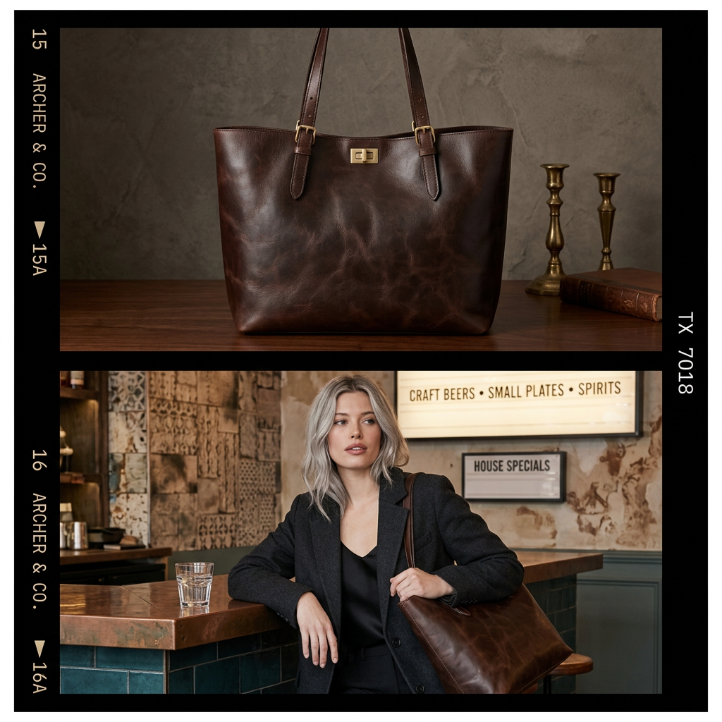 Film-strip layout with a brown leather tote on a wooden table above a woman carrying the tote at a bar