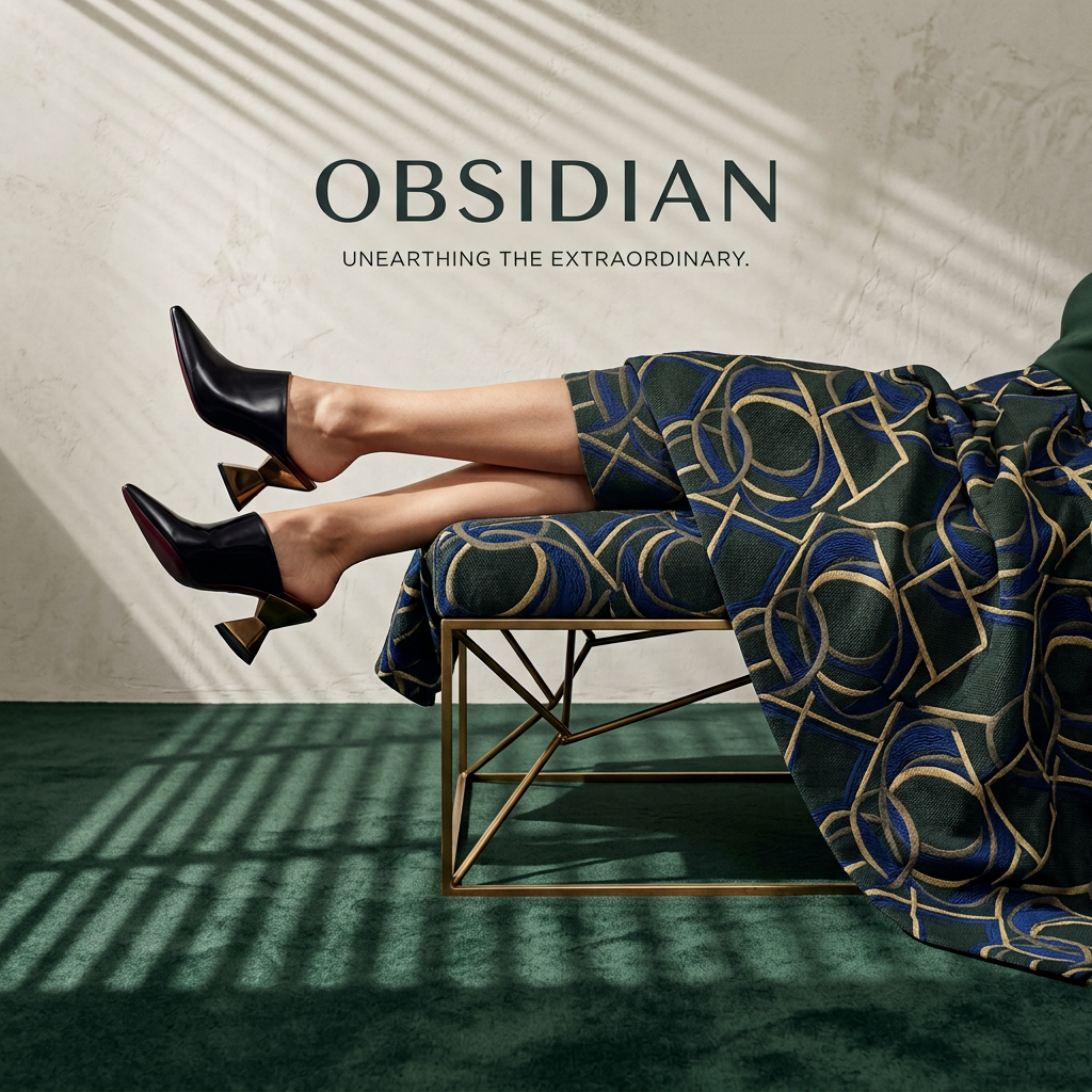 Legs crossed in the air wearing black pointed mules with sculpted gold heels, resting on a patterned green bench
