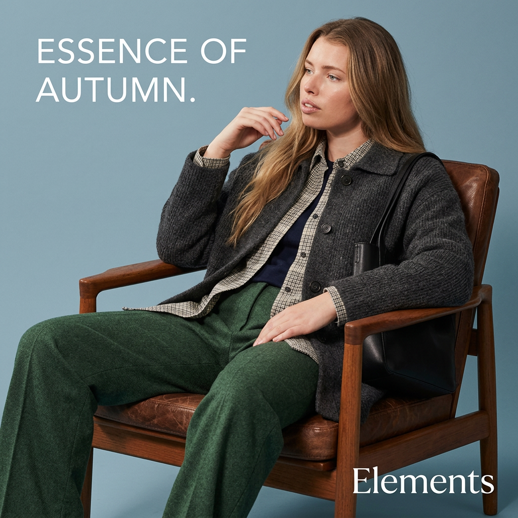Woman in a grey wool cardigan, check shirt and green wide-leg trousers sitting on a leather armchair, blue backdrop