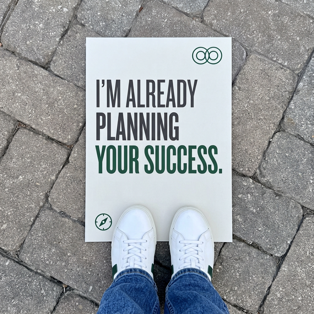Top-down view of white sneakers and jeans standing on a poster reading 'I'm already planning your success' on cobblestones